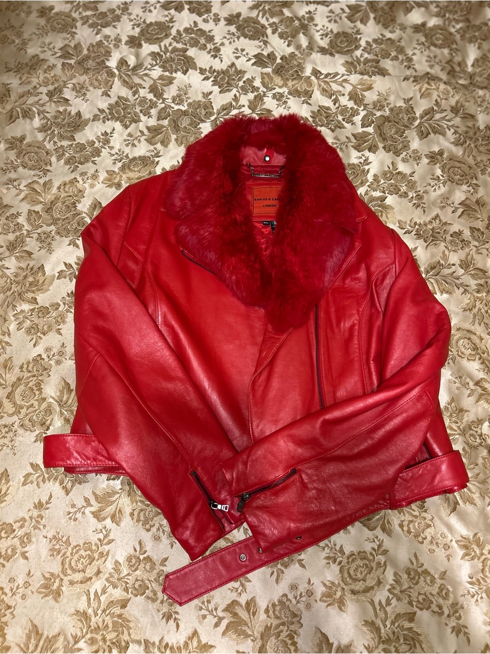 Women's Red Leather Jacket with Faux-Fur Collar